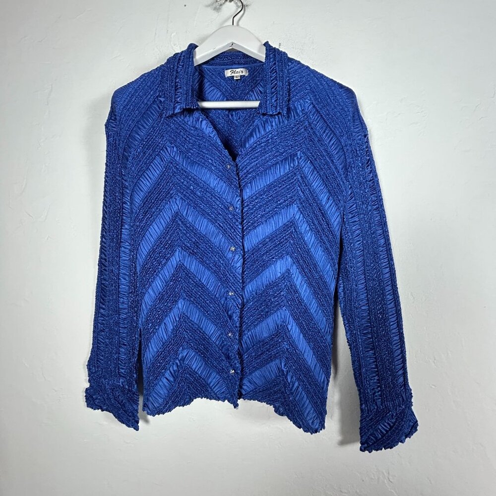 Flair Womens Blue Crinkle Textured Chevron Long Sleeve Blouse Top Size Large